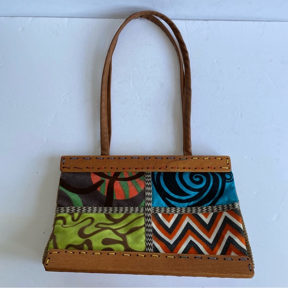 Boho Patchwork fabric and wood bag - Picture 11 of 11